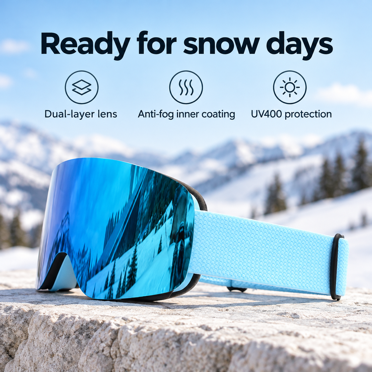 Blue mirrored snow goggles with dual-layer, anti-fog and UV400 lens features