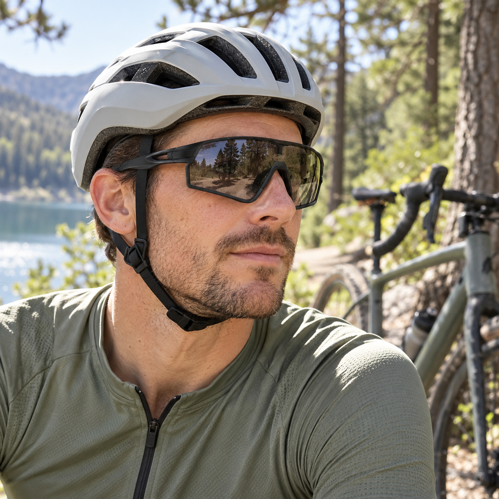 Cyclist wearing black photochromic sports sunglasses beside a lakeside trail
