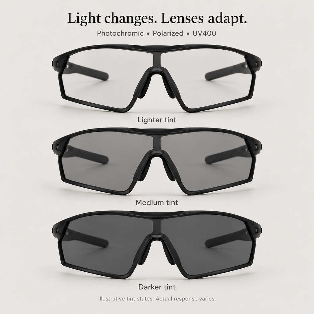 Illustrative photochromic lens tint states with polarized and UV400 supplier specifications