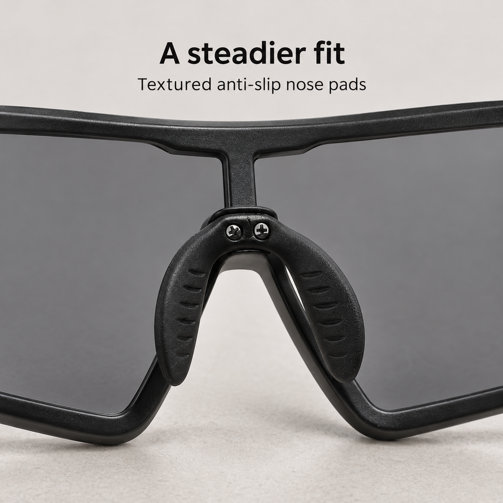 Black sports sunglasses with textured twin anti-slip nose pads