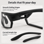 Sports sunglasses showing folding hinge and curved temple tips
