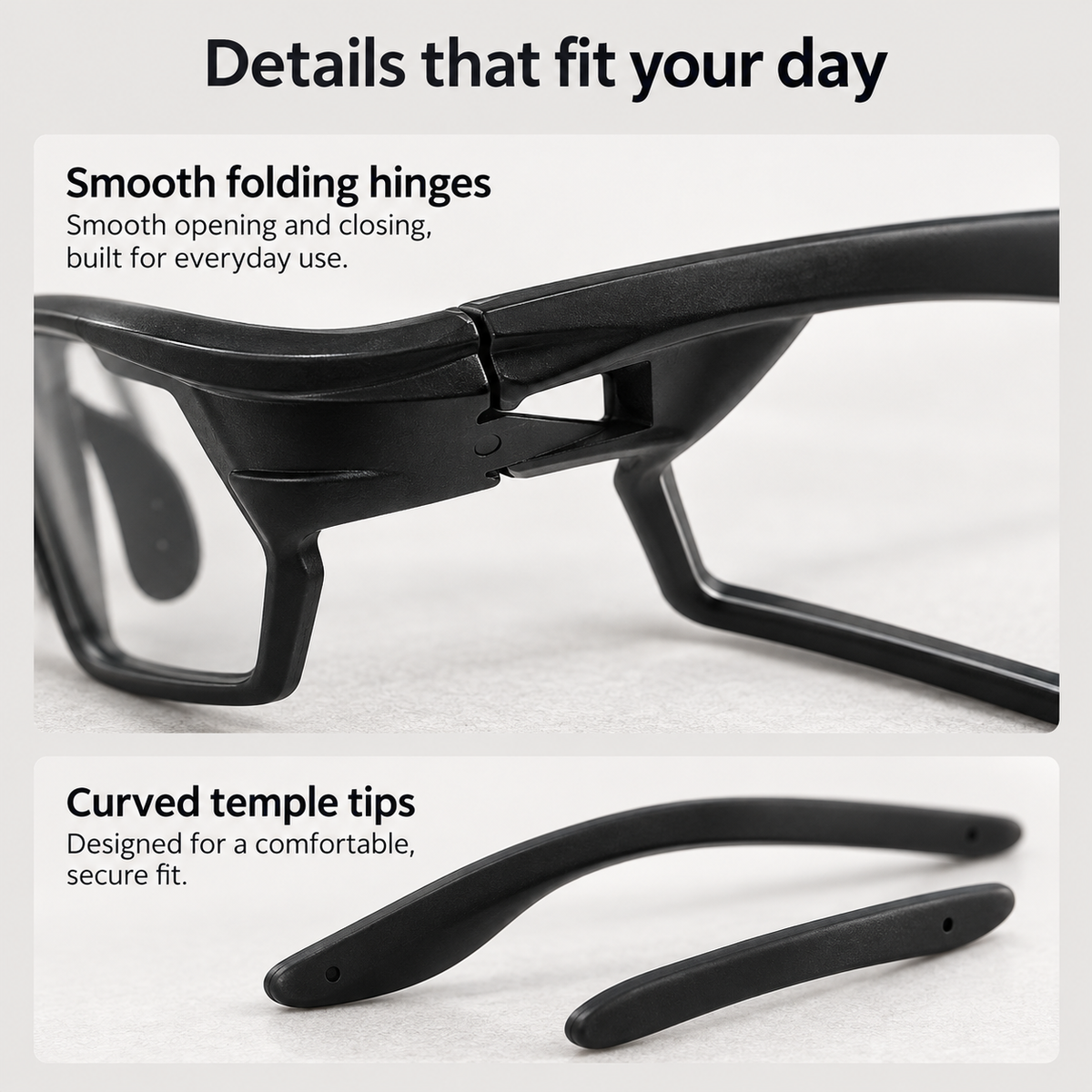 Sports sunglasses showing folding hinge and curved temple tips