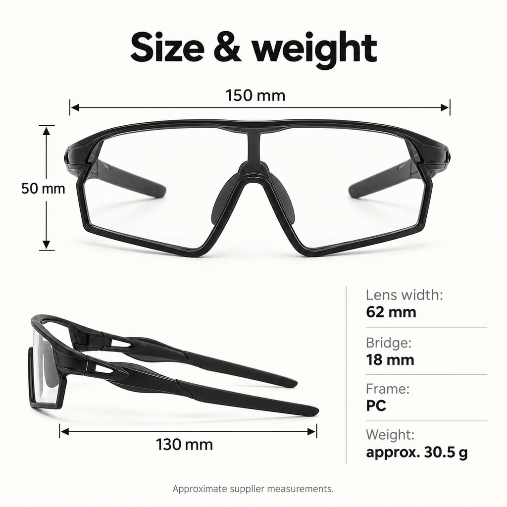 Sports sunglasses approximate dimensions and 30.5 g total weight