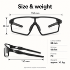 Sports sunglasses approximate dimensions and 30.5 g total weight