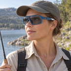 Woman wearing blue sports sunglasses with white temple tips during a fishing break