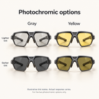 VELORELA Illustrative lighter and darker tint states for Gray and Yellow photochromic options