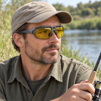VELORELA Angler wearing polygon sunglasses with yellow lens appearance
