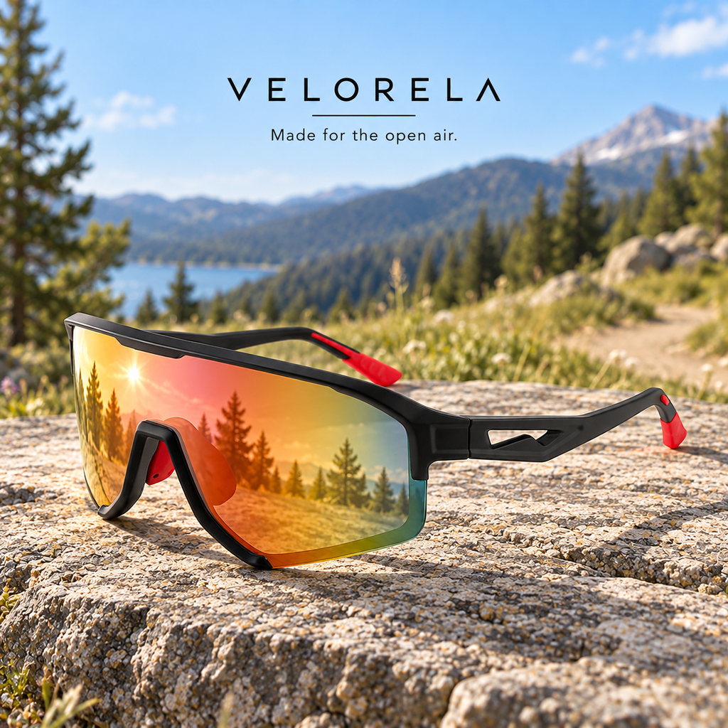 VELORELA Black frame with red-orange mirror shield and red accents
