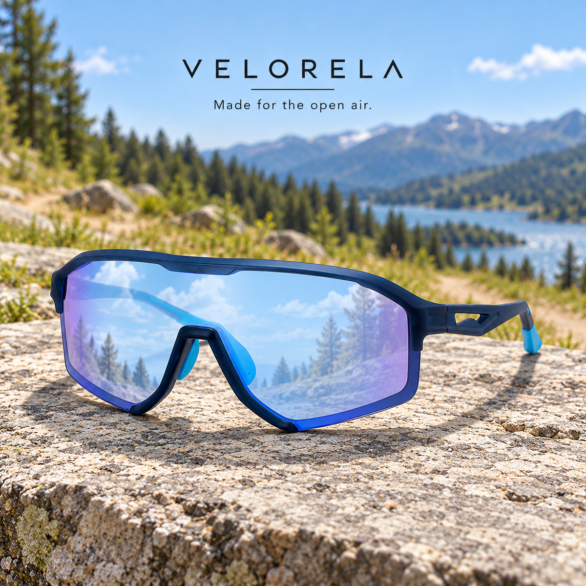 VELORELA Navy frame with ice blue mirror shield and cyan accents