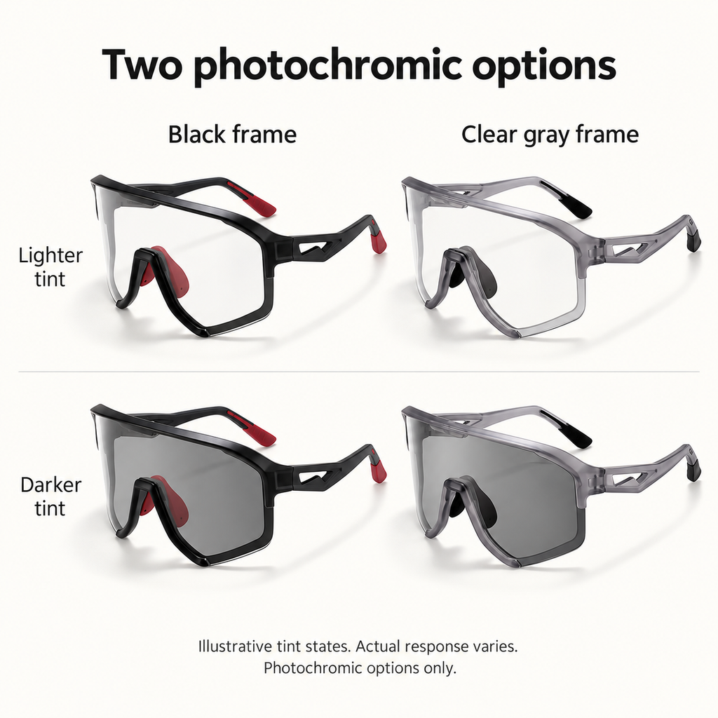 VELORELA Illustrative lighter and darker tint states for the two photochromic frame options