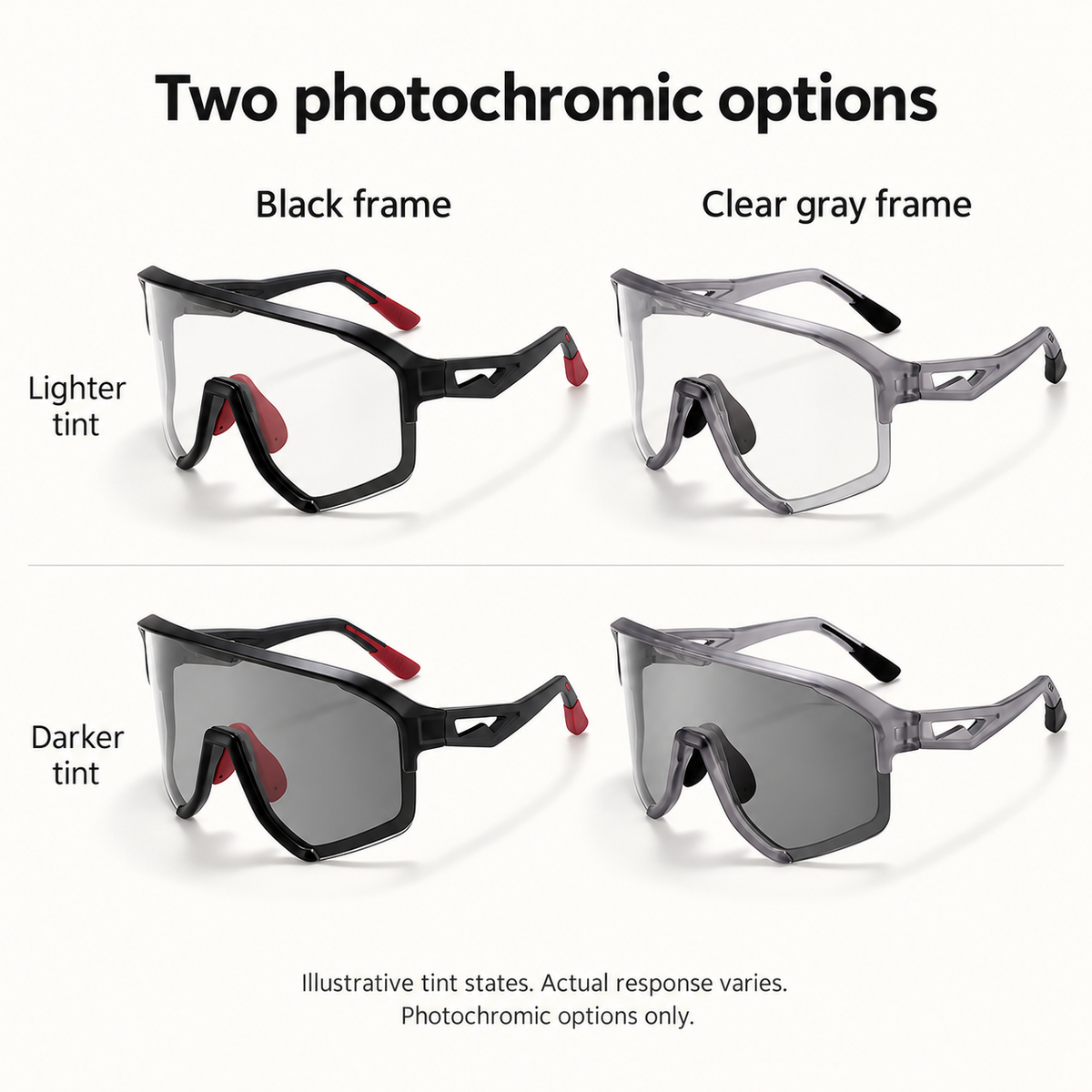 VELORELA Illustrative lighter and darker tint states for the two photochromic frame options