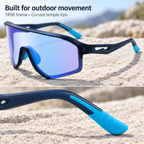VELORELA Navy TR90 frame with angular temple cutouts and cyan curved temple tips