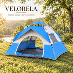 Sky Blue and Off-White instant tent in a warm sunlit woodland meadow