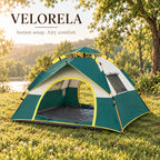 Forest Green and Off-White instant tent with yellow trim in a warm sunlit woodland meadow