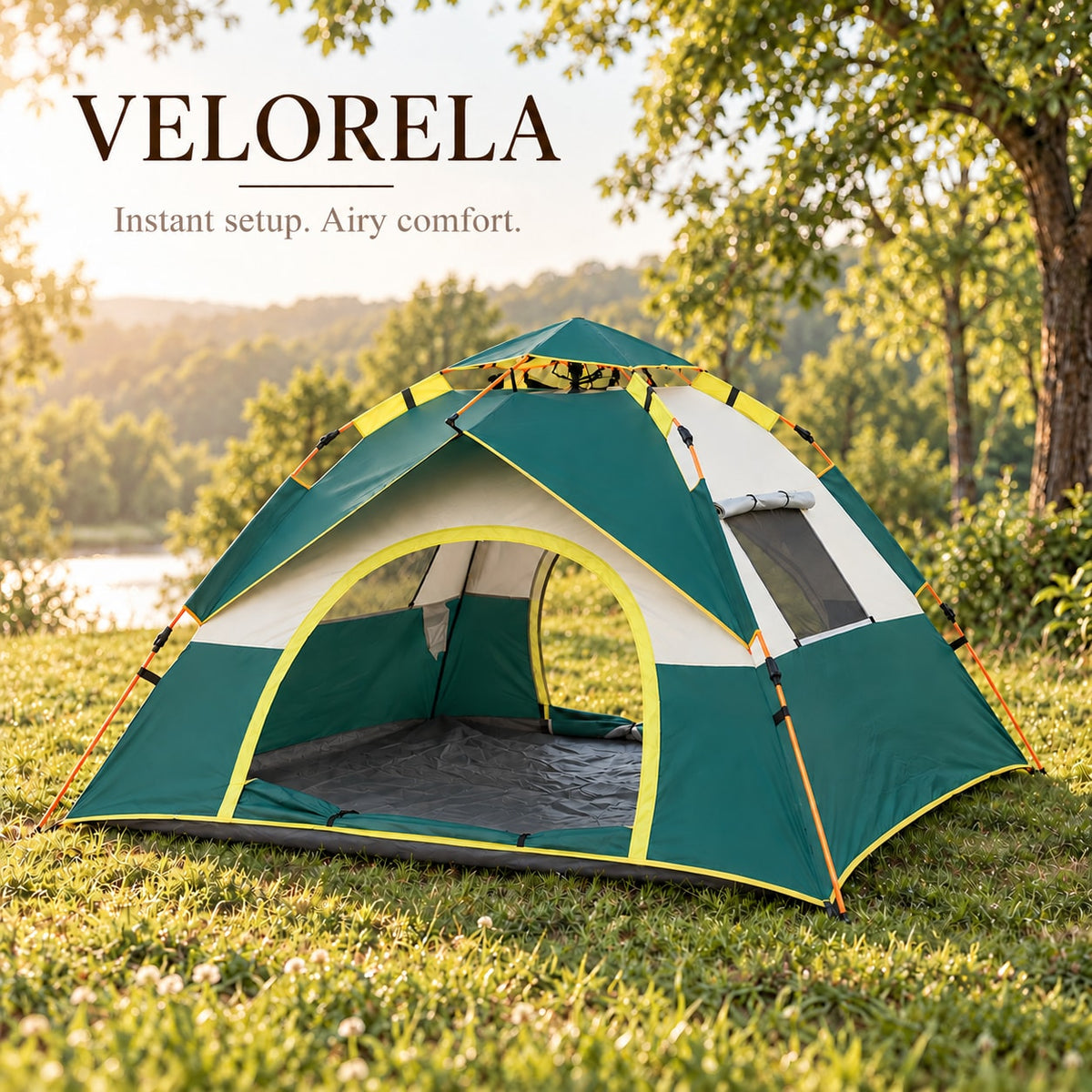 Forest Green and Off-White instant tent with yellow trim in a warm sunlit woodland meadow