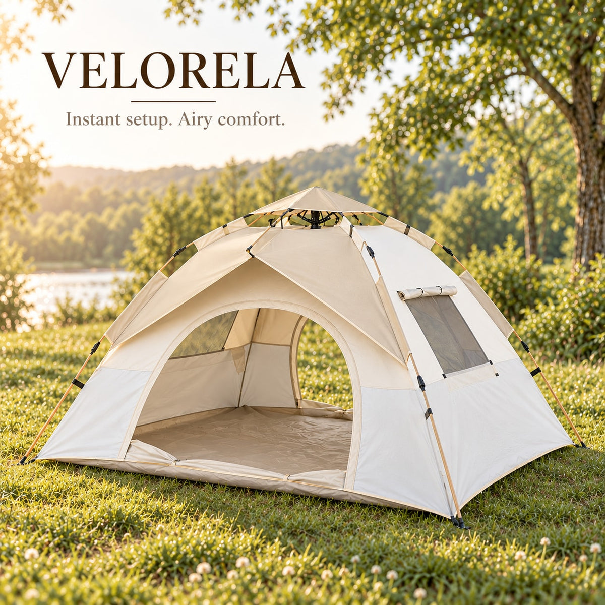Sand Beige and Off-White instant tent with pale trim in a warm sunlit woodland meadow