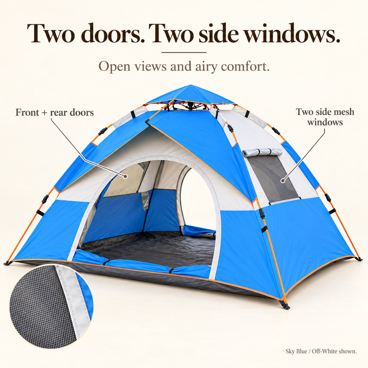 Front and rear entrances and two side mesh windows on the Sky Blue and Off-White tent