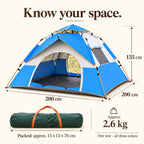 Tent dimensions 200 by 200 by 135 centimeters, packed size approximately 15 by 15 by 78 centimeters, approximate product weight 2.6 kilograms