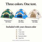 Three color options; one tent with one top cover, one carry bag, eight ground stakes and four guy lines