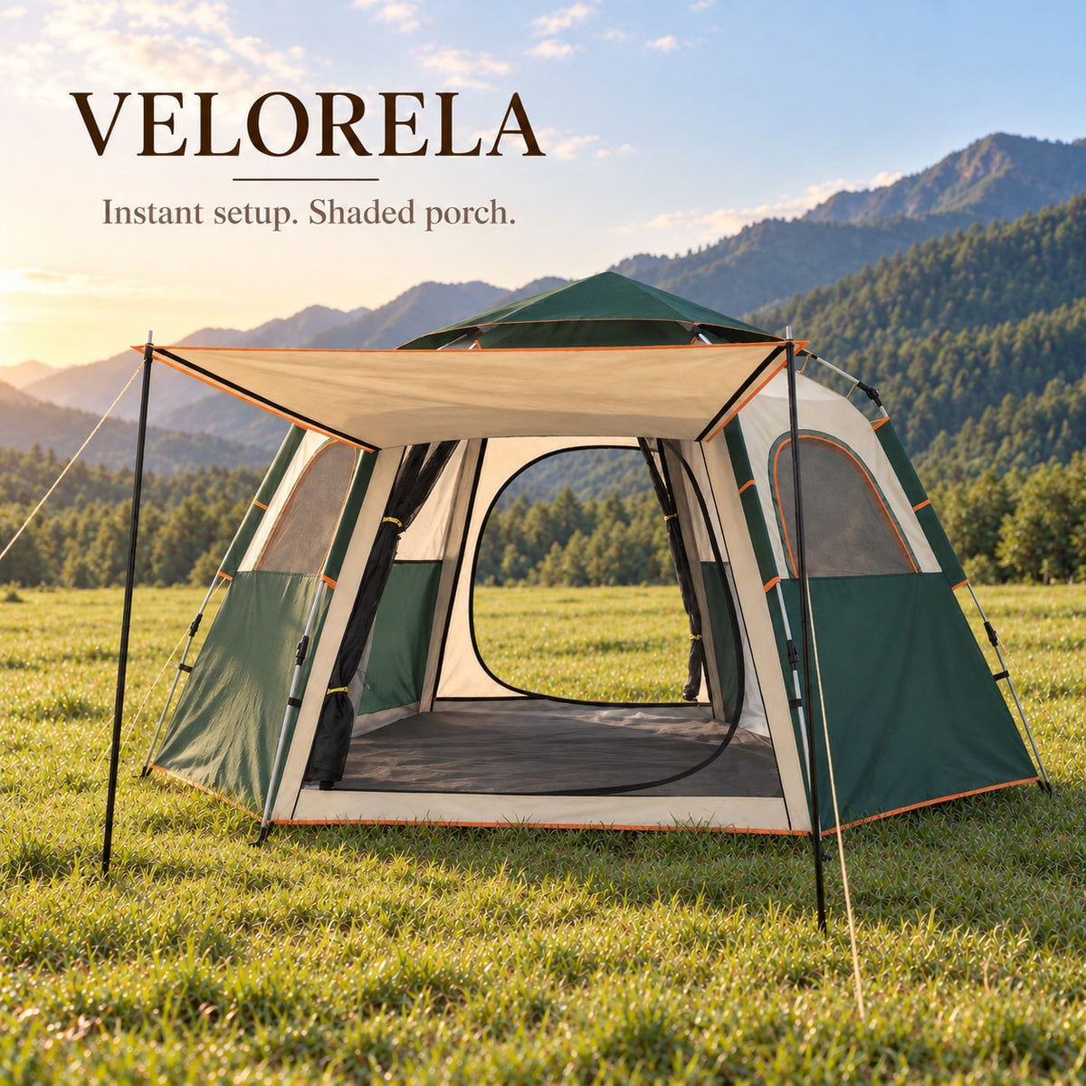 Forest Green hexagonal tent in a sunny mountain-foot meadow