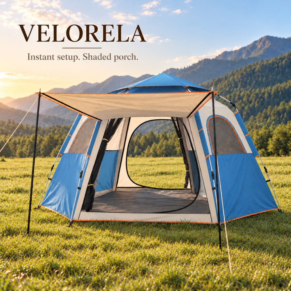 Sky Blue hexagonal tent in a sunny mountain-foot meadow