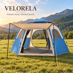 Sky Blue hexagonal tent in a sunny mountain-foot meadow