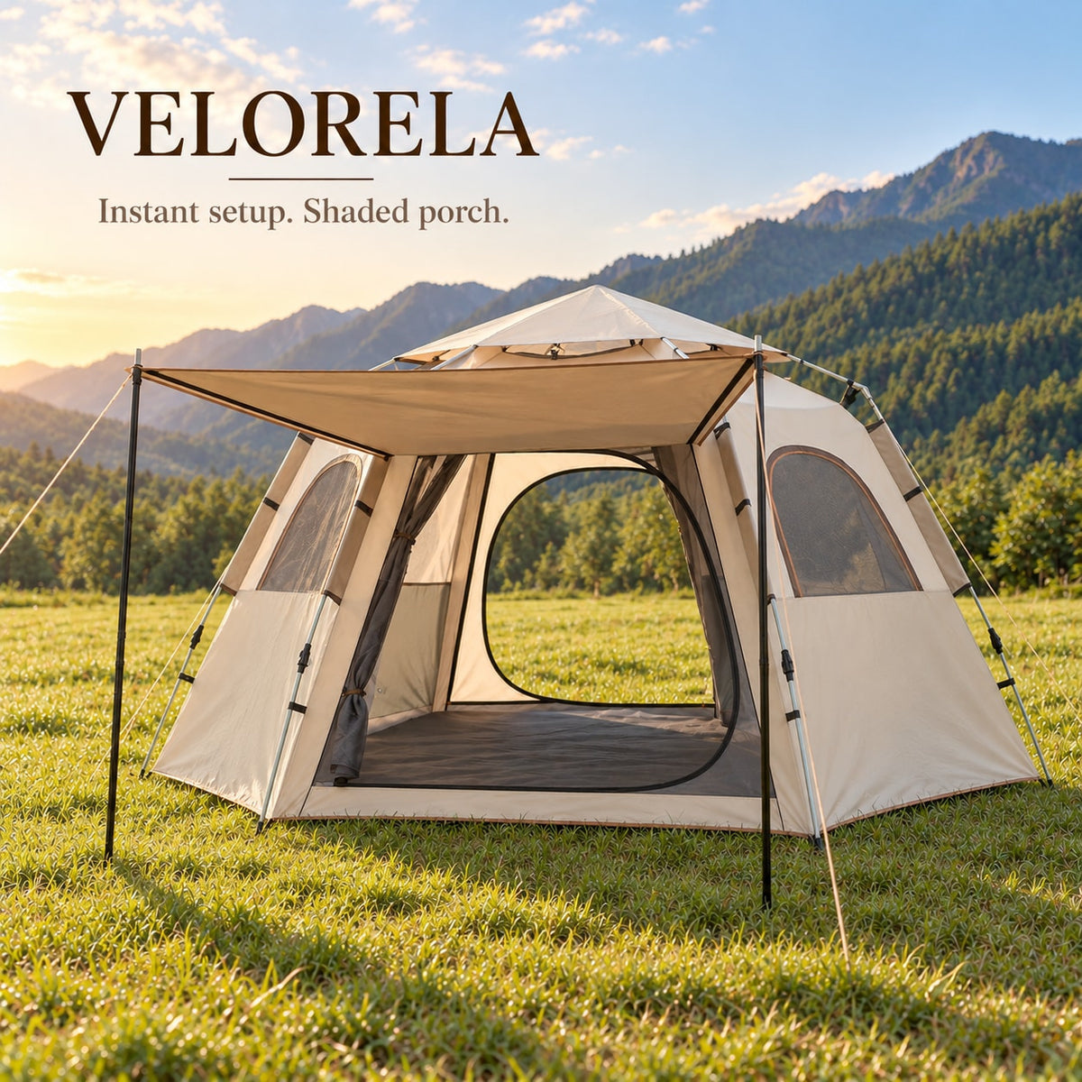Sand Beige hexagonal tent with a tan porch panel