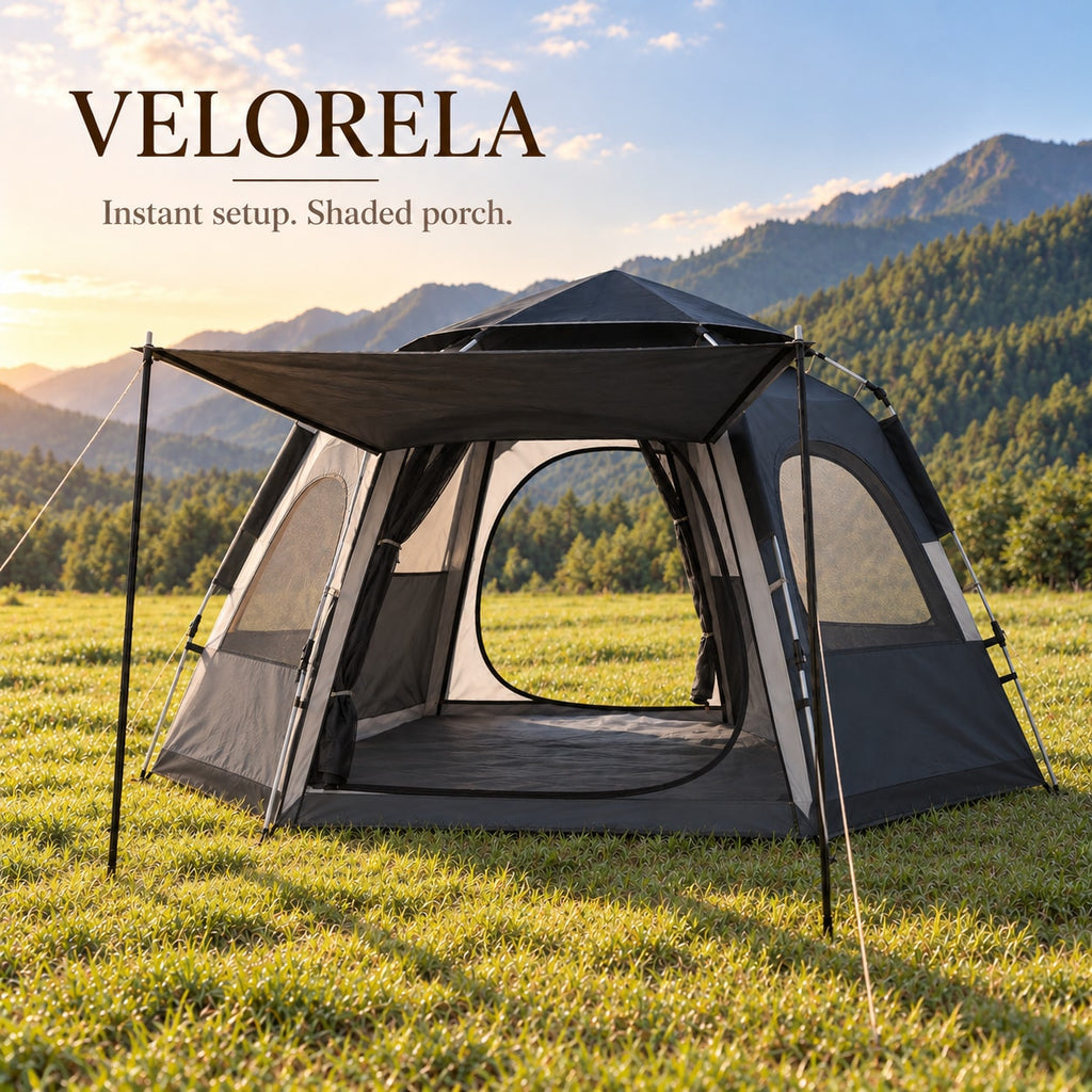 Black hexagonal tent with gray side window panels