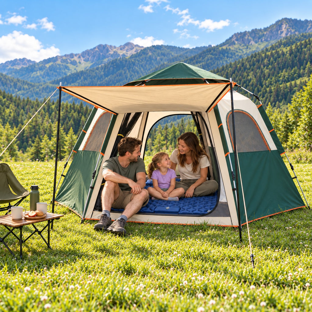 Forest Green tent with a family of three on a separately sold blue camping pad