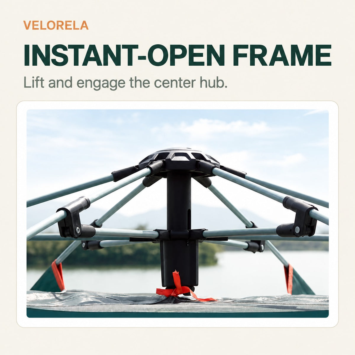 Connected instant-open tent frame and center hub