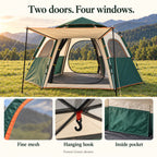 Forest Green tent showing two doors, mesh windows, inside pocket and hanging hook