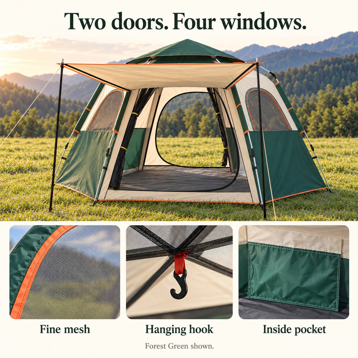 Forest Green tent showing two doors, mesh windows, inside pocket and hanging hook