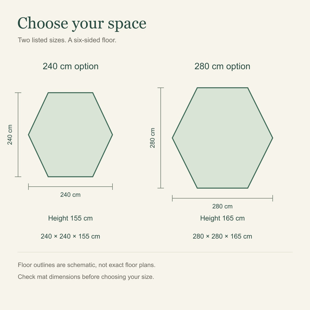 Two listed sizes: 240 by 240 by 155 cm and 280 by 280 by 165 cm; schematic floor outlines