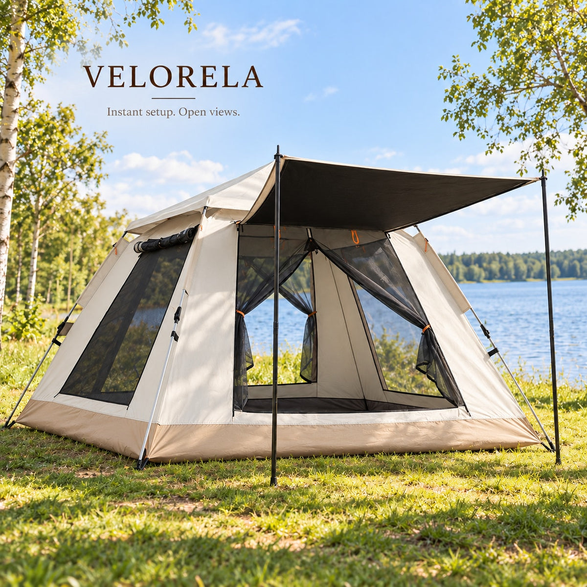 Sand Beige tent with Black Coating, tan base and dark mesh edges