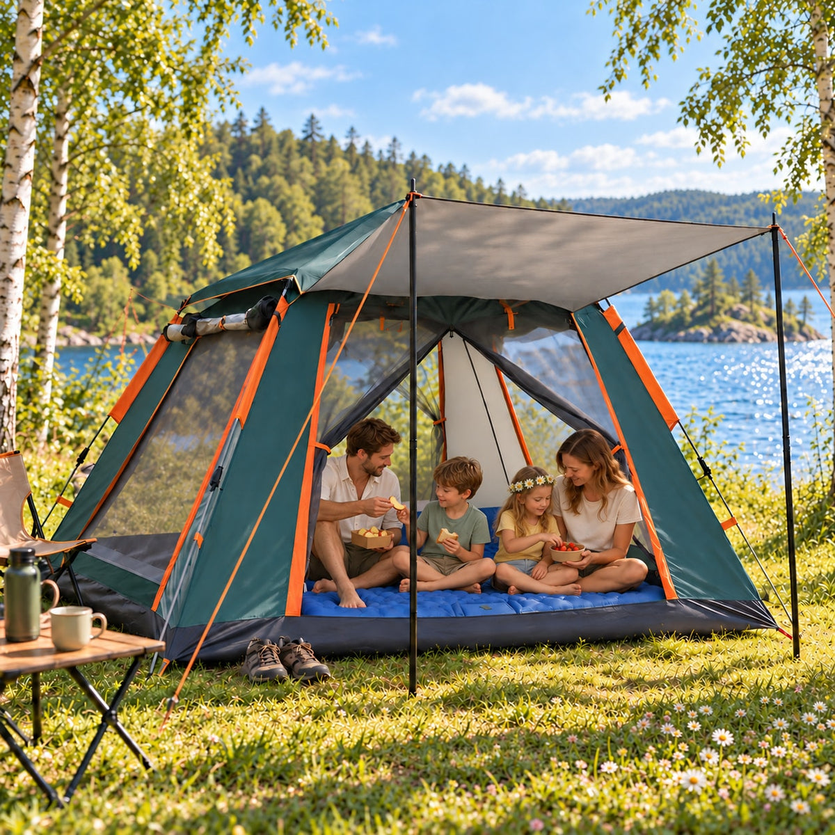 Forest Green Silver Coating tent with parents and two children sharing snacks; camping pad and scene accessories not included