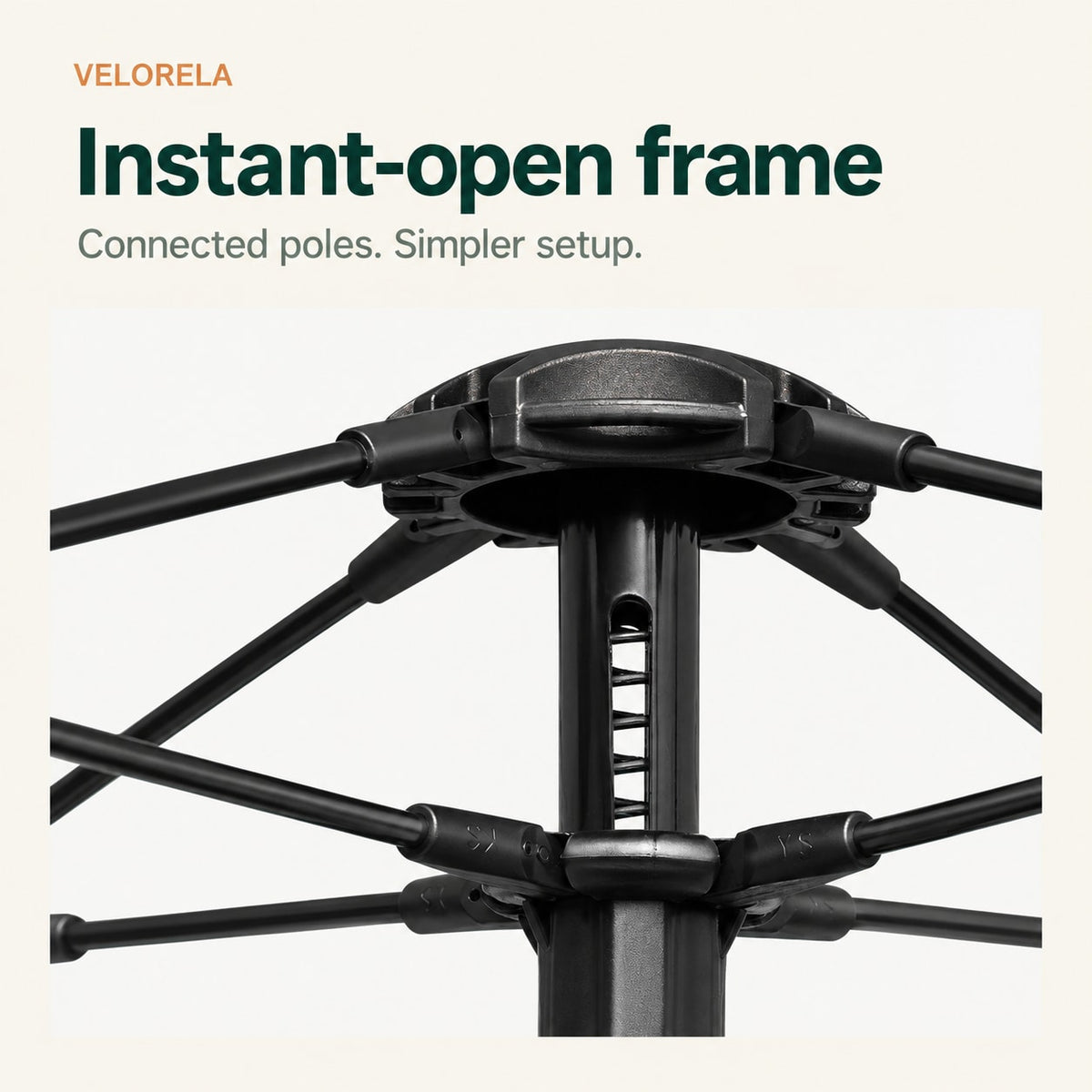 Connected tent frame and central instant-opening hub