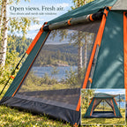 Large mesh side windows and front and rear doors of Forest Green tent