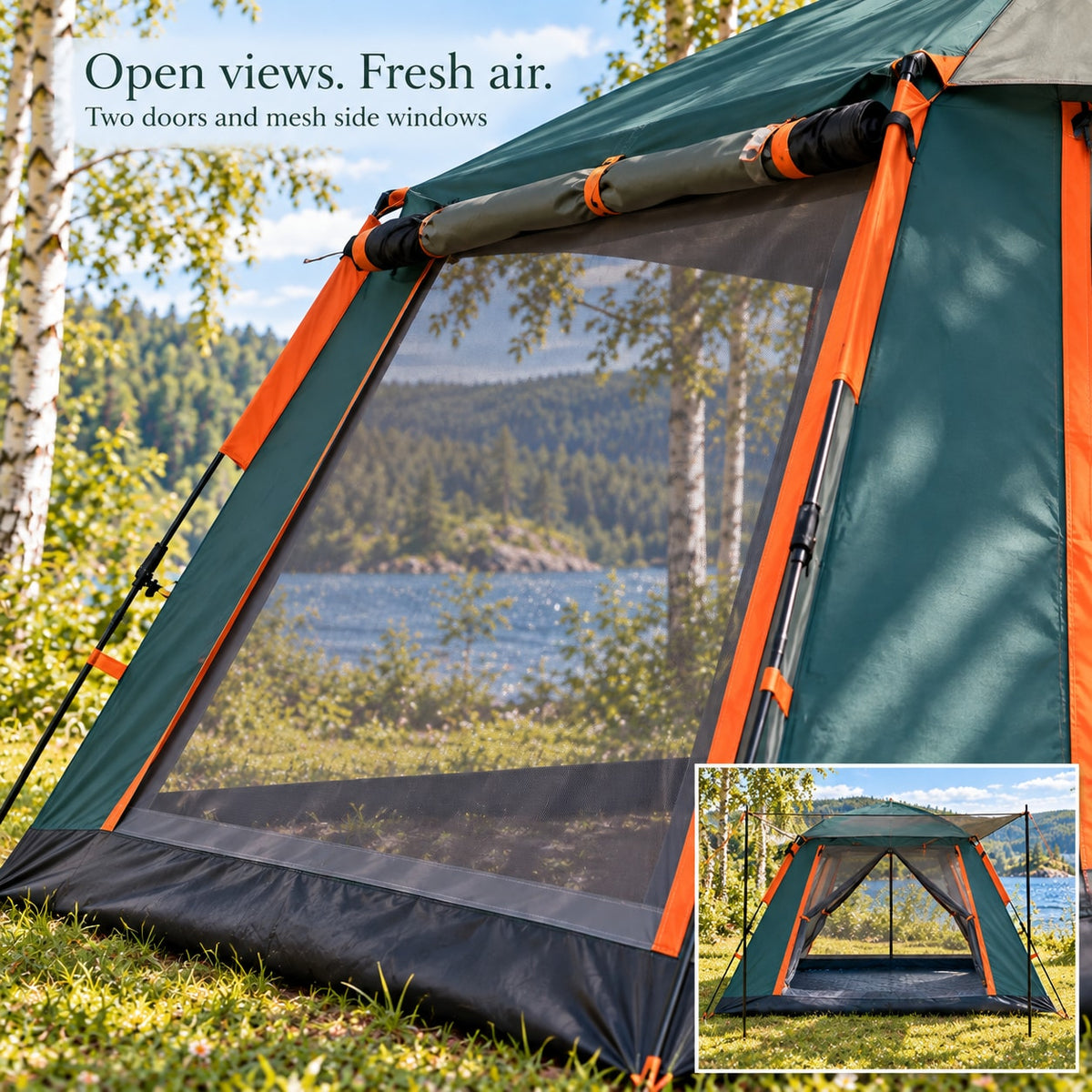 Large mesh side windows and front and rear doors of Forest Green tent