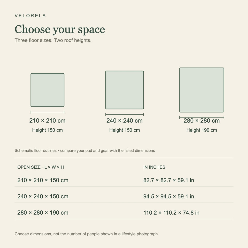 Square floor size guide: 210 by 210 by 150, 240 by 240 by 150 and 280 by 280 by 190 cm