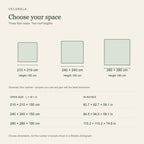 Square floor size guide: 210 by 210 by 150, 240 by 240 by 150 and 280 by 280 by 190 cm