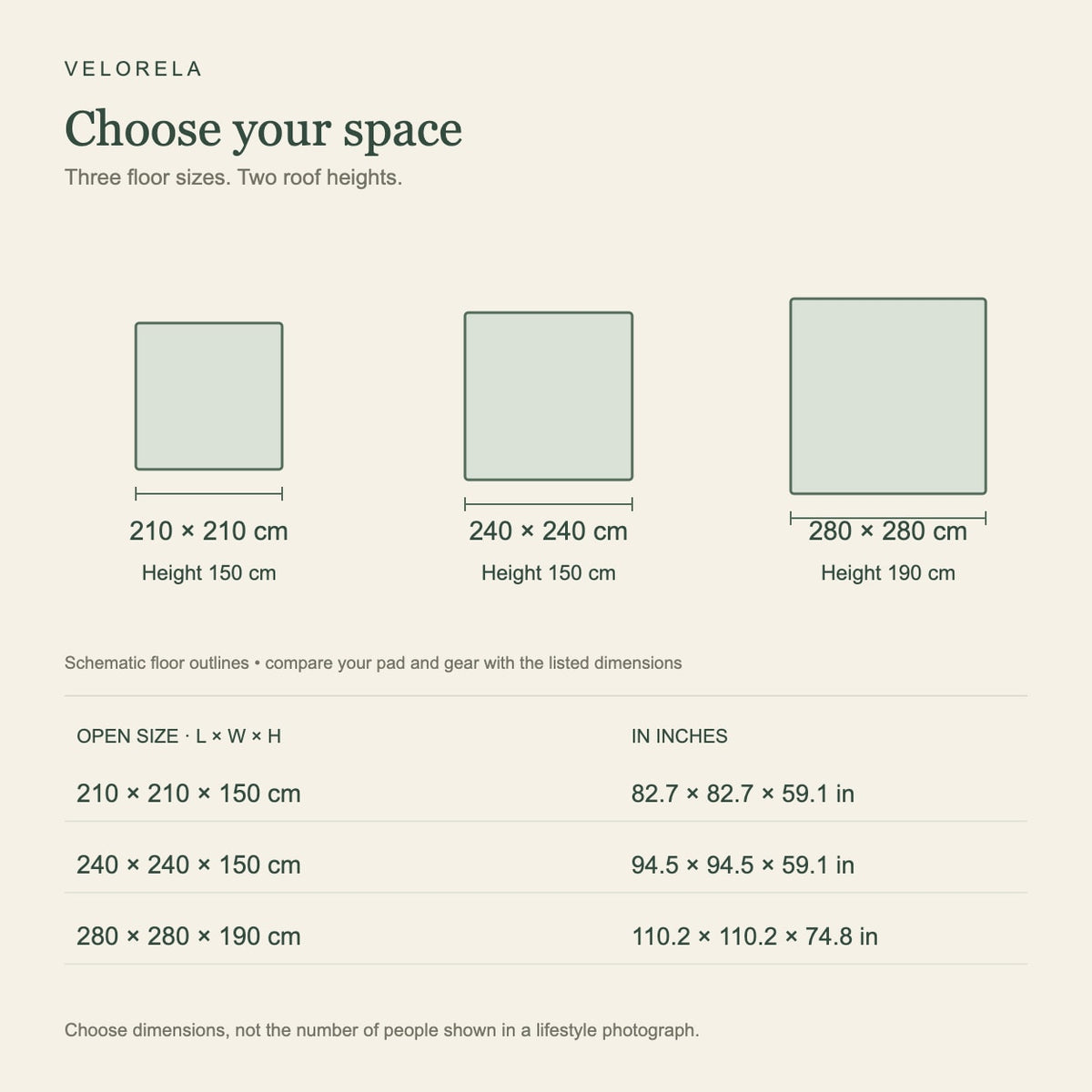 Square floor size guide: 210 by 210 by 150, 240 by 240 by 150 and 280 by 280 by 190 cm