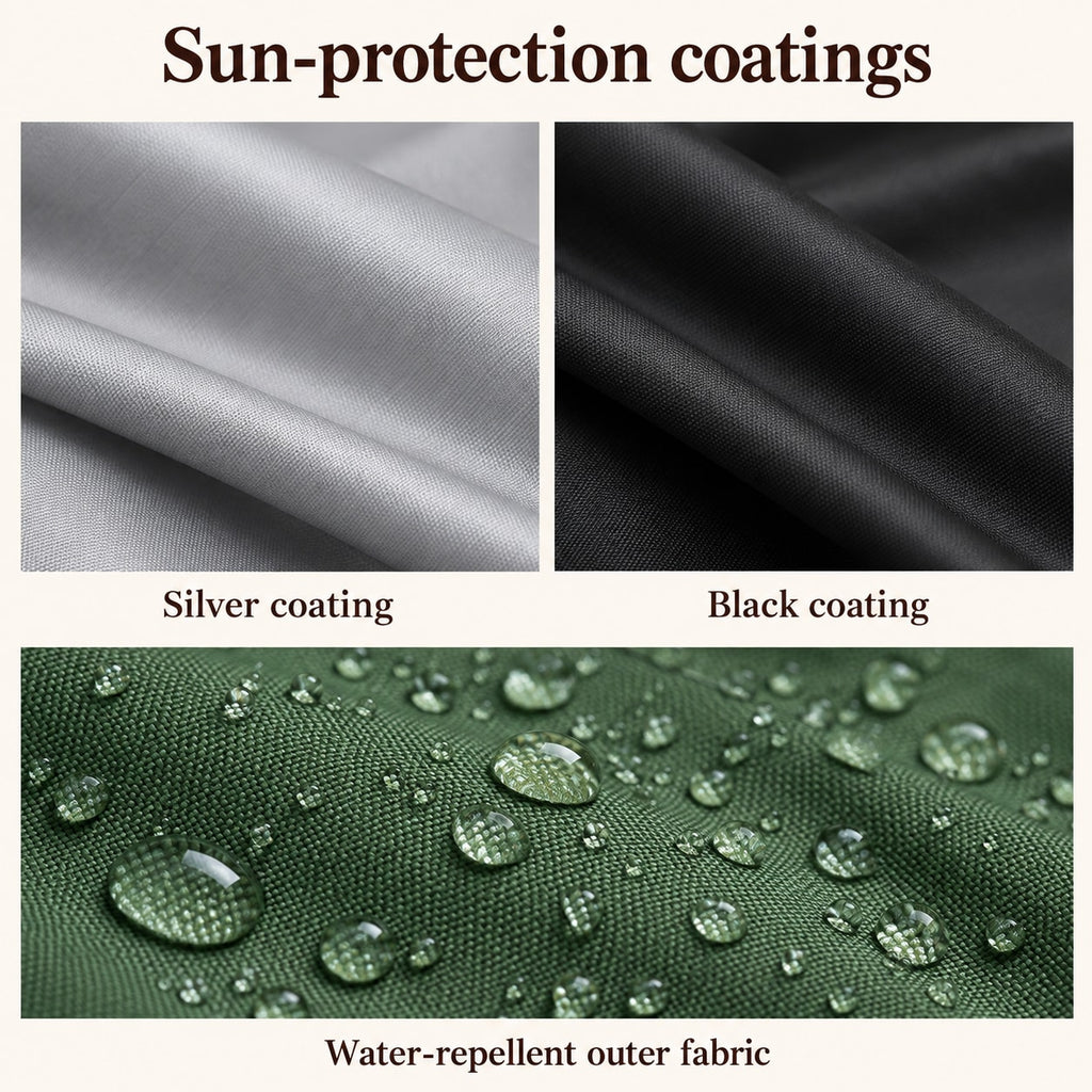 Illustrative silver and black coatings with water beads on woven outer fabric
