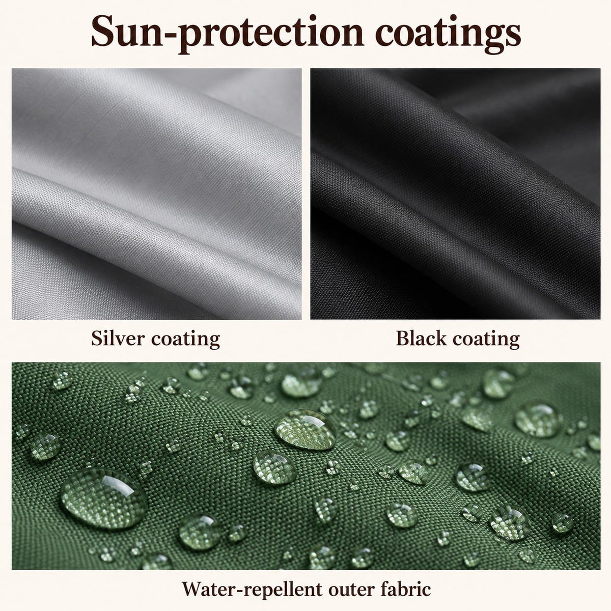 Illustrative silver and black coatings with water beads on woven outer fabric