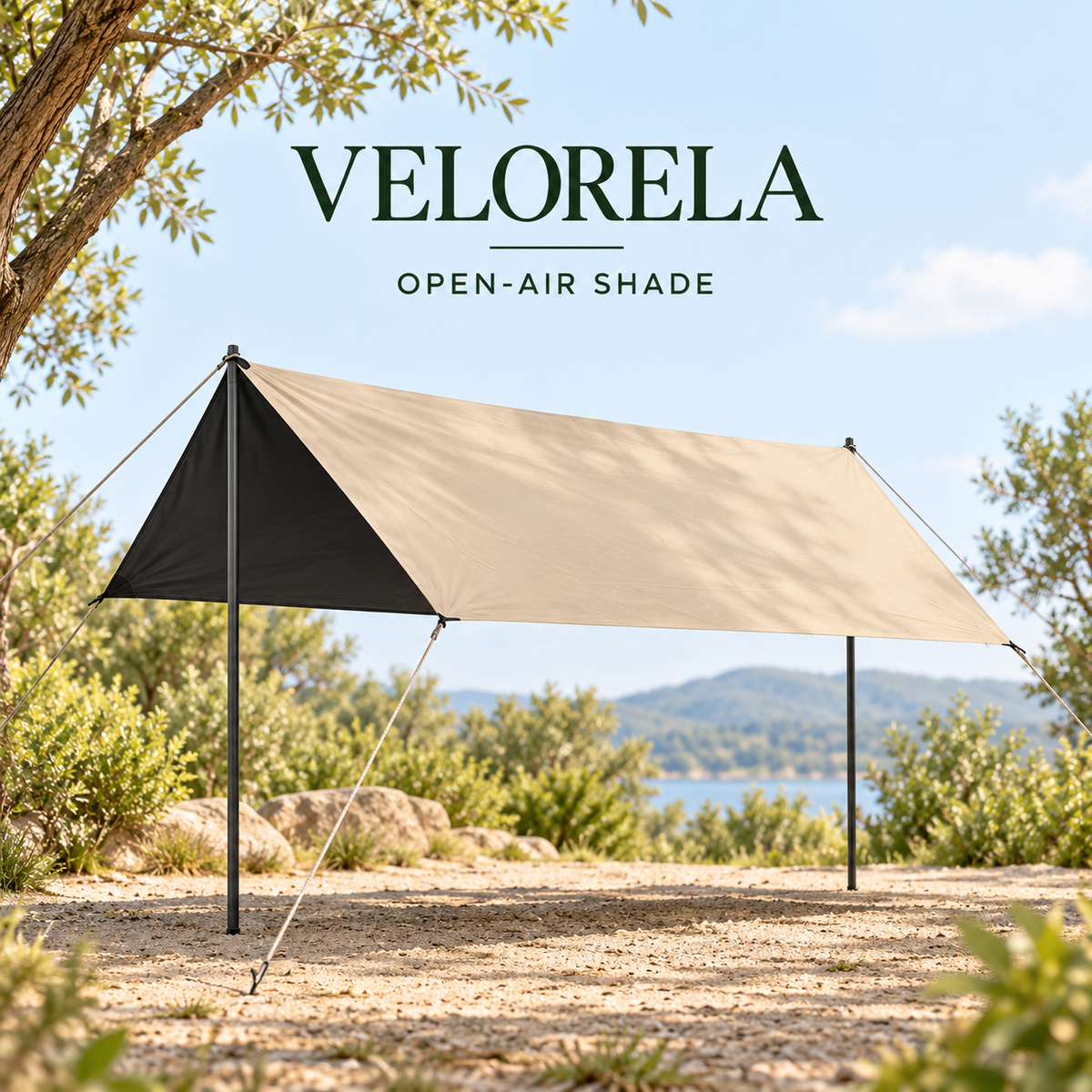 Beige Rectangular camping tarp with Black inner coating supported by two poles