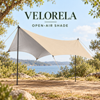 Beige Butterfly camping tarp with Silver inner coating supported by two poles