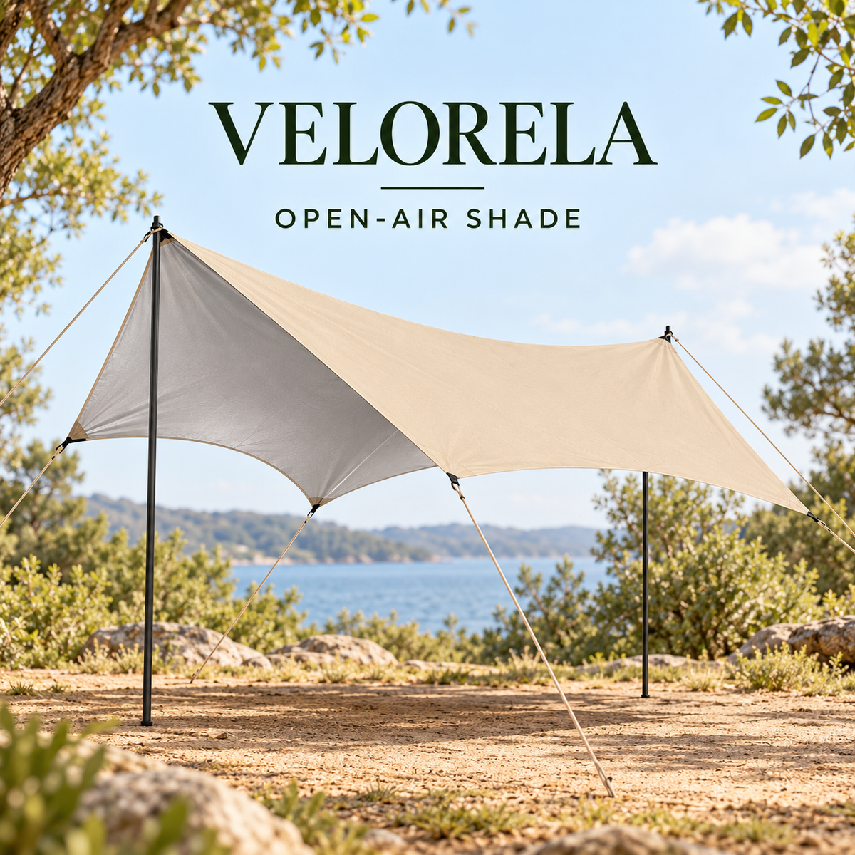 Beige Butterfly camping tarp with Silver inner coating supported by two poles