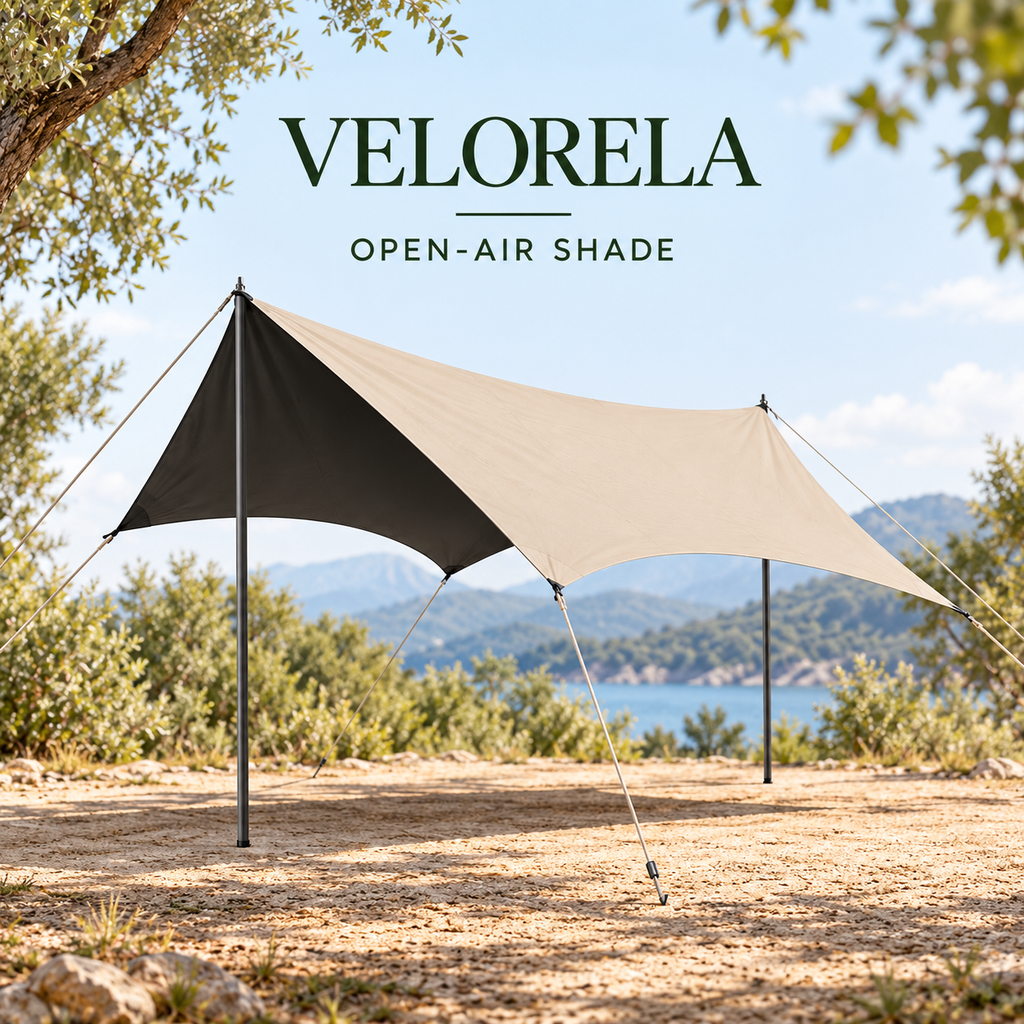 Beige Butterfly camping tarp with Black inner coating supported by two poles