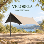 Beige Butterfly camping tarp with Black inner coating supported by two poles