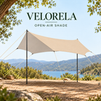 Beige Octagon camping tarp with Silver inner coating supported by two poles
