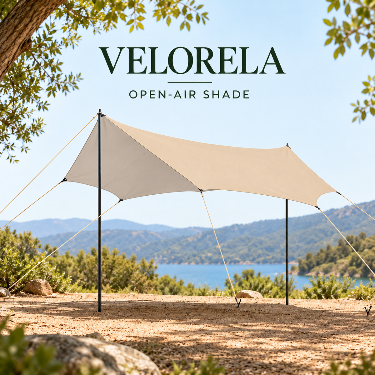 Beige Octagon camping tarp with Silver inner coating supported by two poles